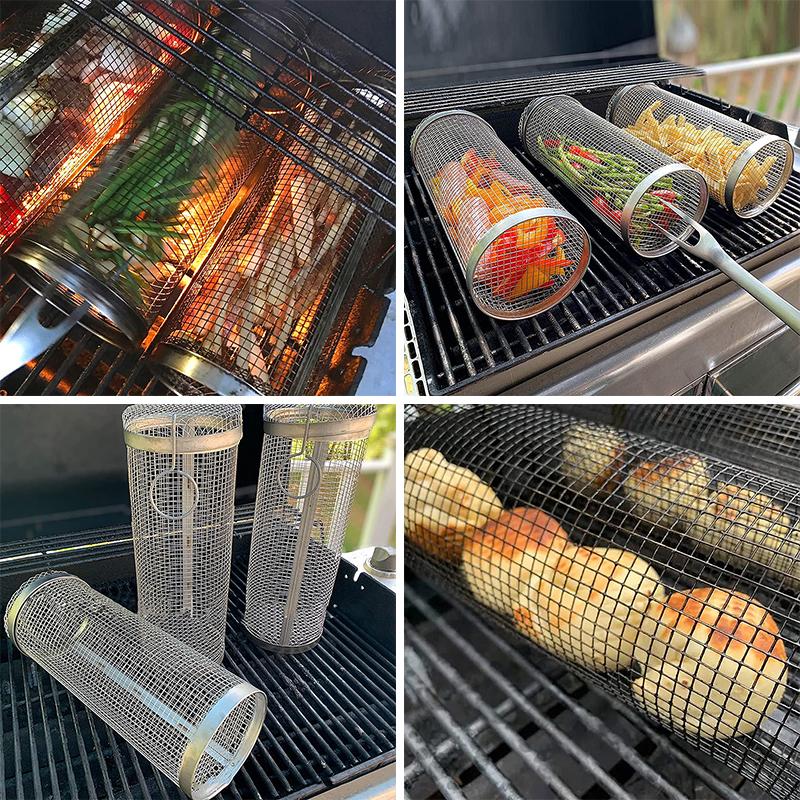 BBQ Korg Rostfritt stål Rullande Grillkorg Trådnät Cylinder Grillkorg Bärbar Rund Utomhus Camping Grillställ