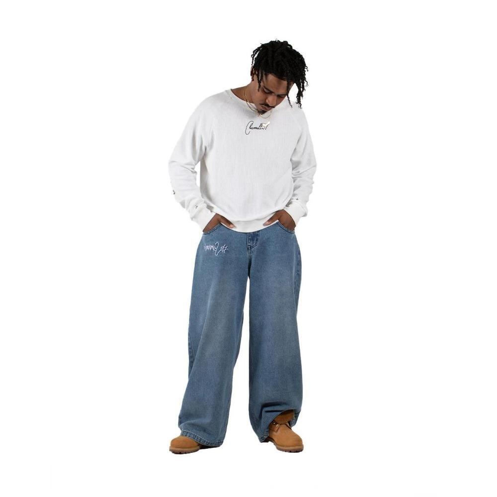 RogueWave Street Fashion Brand Wide Leg Jeans Y2K Hip-hop Retro Simple Print Loose Gothic Harajuku Horn Pants Ripped Jeans