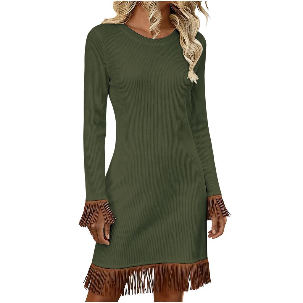 Women's Fashion Round Neck Knit Slim-Fit Fringe Casual Long-Sleeve Dress