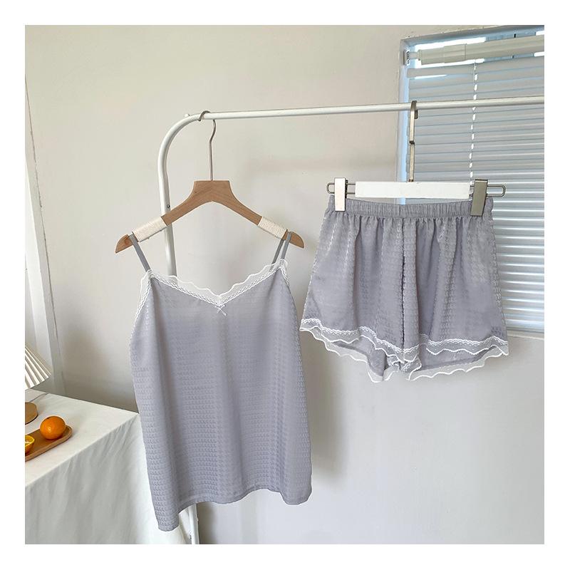 

Houndstooth Sweet Summer Camisole Pajama Set - Breathable Two-Piece Imitation Silk Homewear L (55-70 kg)