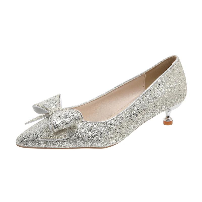 Fashion Women's Slim Heel Shoes Fall New Pointy Shallow Mouth Butterfly Knot Sequin Non-slip Temperament Low Top Shoes