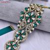 TOPQUEEN S161-KL Neuer Brautgürtel für Hochzeitskleider für Frauen in Gold, handgefertigt, Luxus-Schärpe, Zubehör für das tägliche Partykleid, grüner Strass