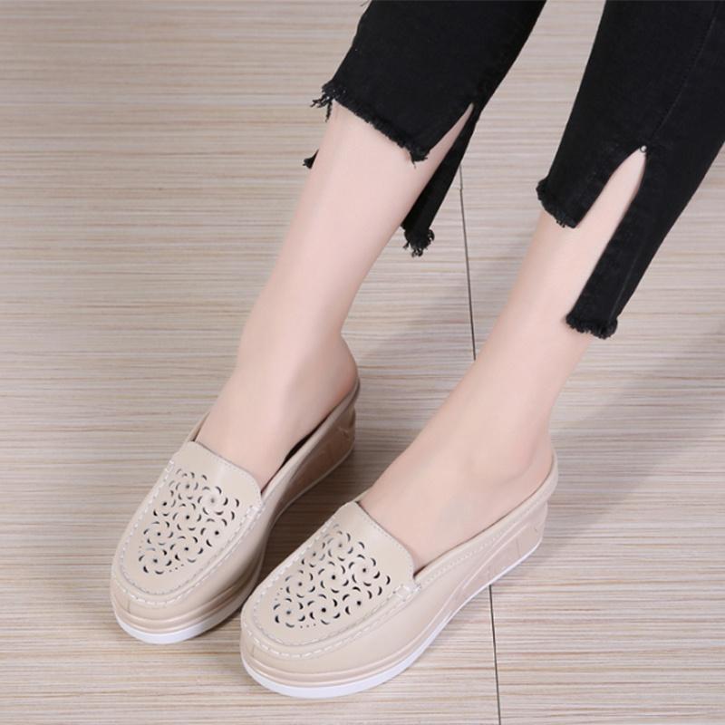 Sommer Frauen Plattform Slipper Muster Floral Wohnungen Atmungsaktive Leder Casual Schuhe Slip-on Bequeme Krankenschwestern Schuhe Cut