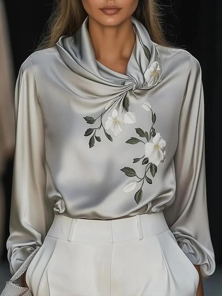 2026 Spring Women's Stand Collar Printed Satin Top - Casual Long Sleeve Shirt