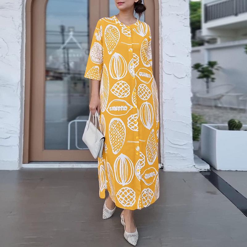 ZANZEA Women Casual Round Neck Loose 3/4 Sleeve Print Dress