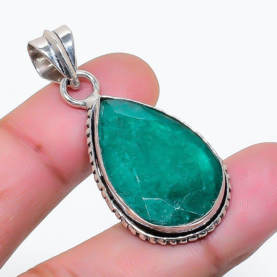 Natural Emerald(Simulated) Gemstone 925 Sterling Silver Pendant 1.65 AP-14856