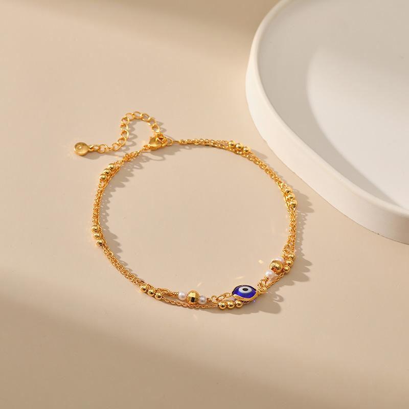 Women Gold Plated Turkish Blue Evil Eye Double Layer Anklet Foot Jewelry