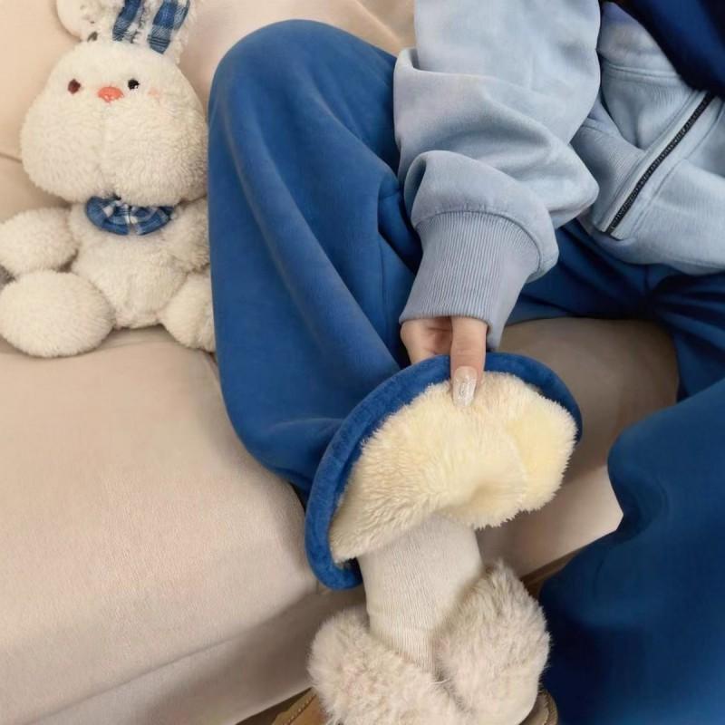 Women High Waist Blue Fleece Lined Wide Leg Casual Pants Thick Warm Loose Trousers