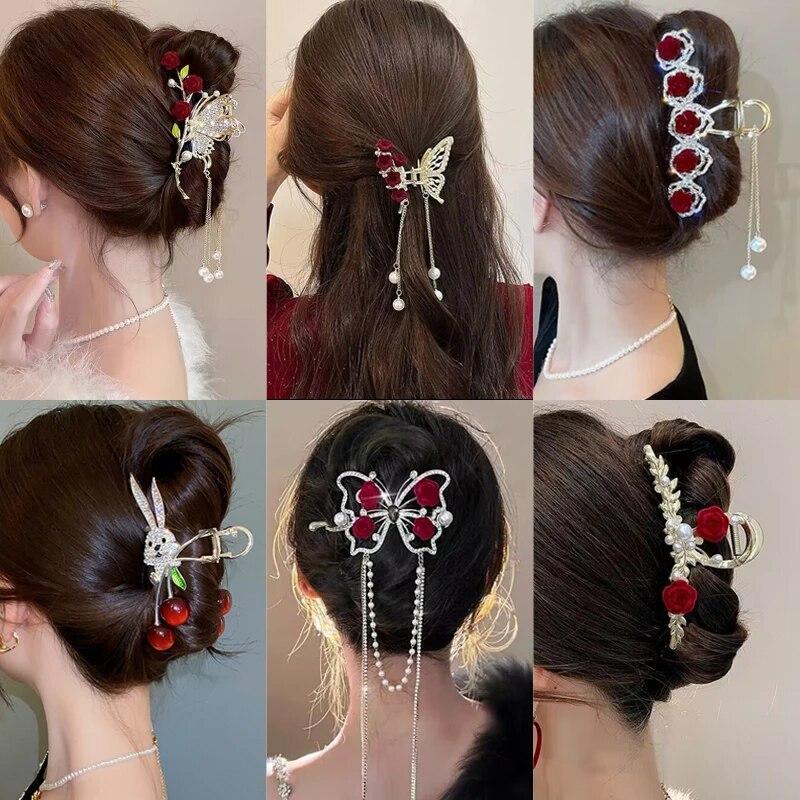

Vintage Velvet Red Rose Hair Claws For Women Luxury Metal Clamp Clip Barrettes Hairpins New Rhinestone Hair Accessories Headwear