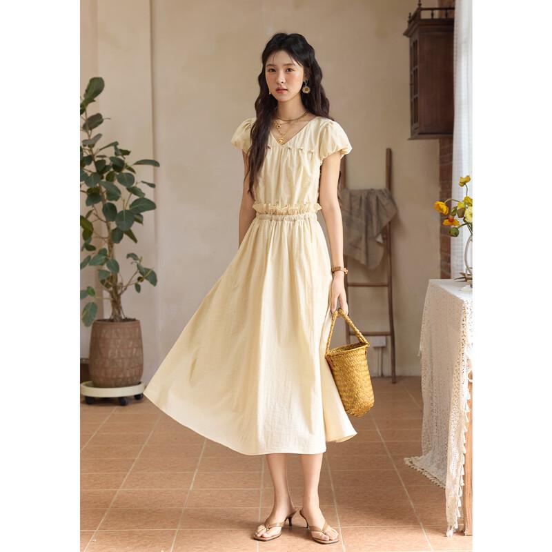 MiXiu French Style Linen Dress with Bud Sleeves S