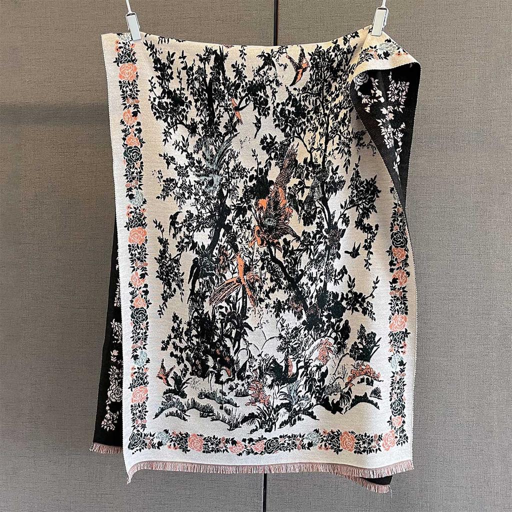 Retro Flower And Bird Printing Imitation Cashmere Autumn And Winter Warm Neck Protection Scarf Versatile Atmosphere Scarf