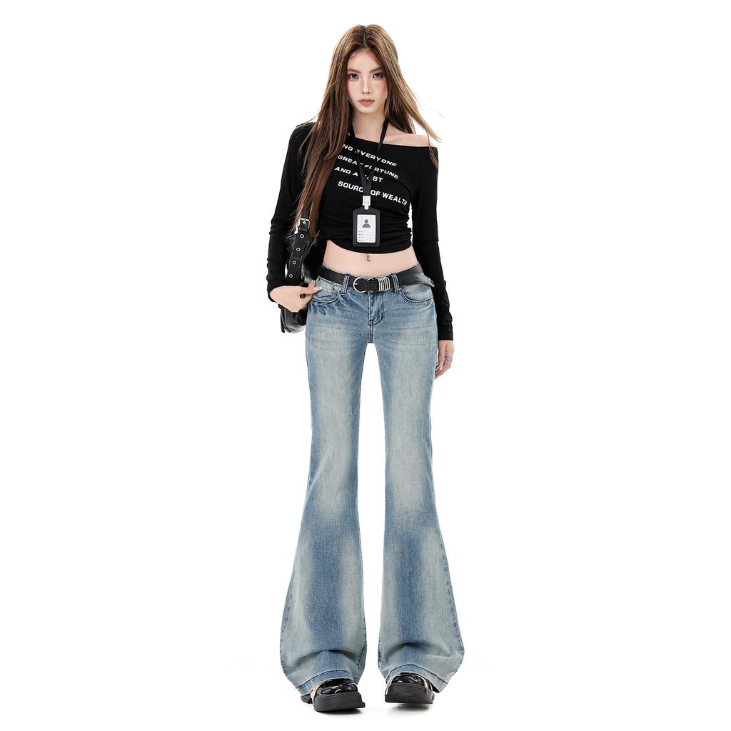 Light blue American retro heavy industry washing water low waist slightly pull versatile slim elastic horn jeans children