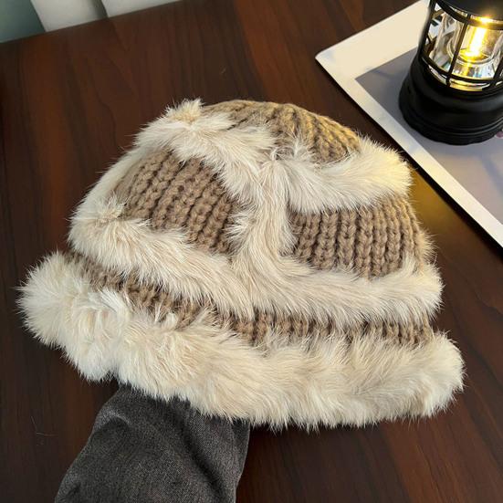 Women Fisherman Hat Imitation Rabbit Fur Decor Autumn Winter Windproof Warm Dome Soft Knitting Basin Hat