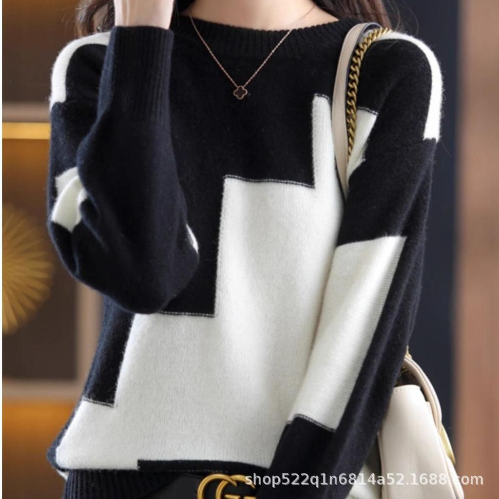 Knitted Sweater with Round Neck Color Blocks Women's Autumn Spring Sweater Contrasting Color Design Casual Versatile Shirt with Loose Top and Bottom