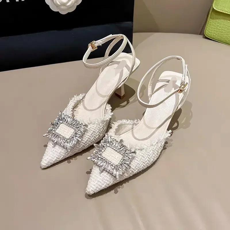 Summer Rhinestones sandalias mujer verano 2024 Fashion Pointed Toe Shallow Slip on Ladies Elegant Slingback Shoes Casual Heels