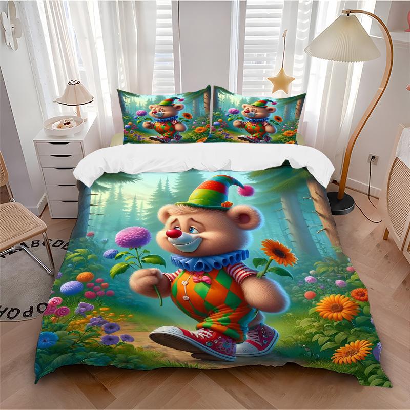 3pcs Anime Clown Bear Bedding Set - Includes One Quilt Cover and Two Pillowcases (No Core) - Polyester Fabric - Perfect for Bedroom and Gues