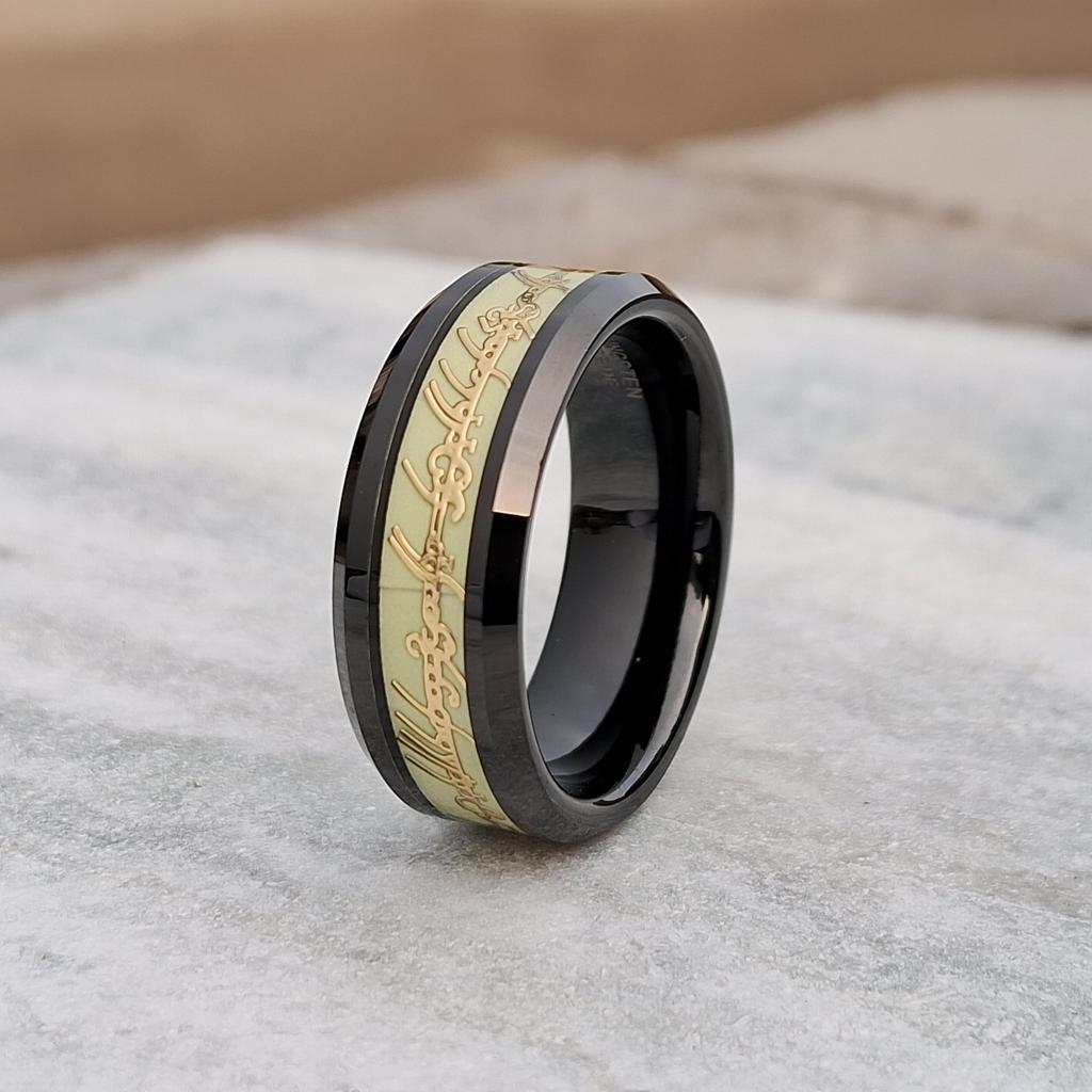8mm Black Tungsten Rings for Men & Women with Glow Design – Lord of the Rings-Inspired Wedding Band, Durable Stylish Free Cutom Engraving