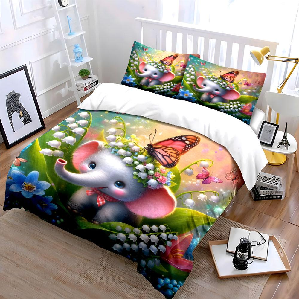 Cute Elephant and Butterfly Blossoms Bedding Duvet Cover Set  (1*Duvet Cover 2*Pillowcases, Without Duvet Insert)