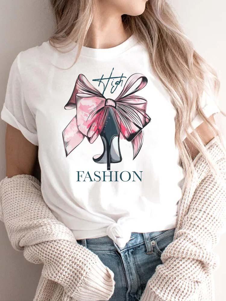Modisches bedrucktes High-Heel-T-Shirt für Damen Modisches weißes Kurzarm-T-Shirt mit Schleifendesign Lässiges Home-Top für Mädchen