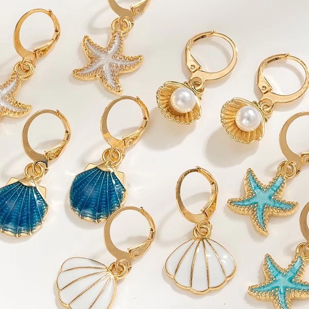 5 pairs New Ocean Style Pendant Earrings Starfish Shell Alloy Drop Earrings Imitation Pearl Scallop Card Earrings