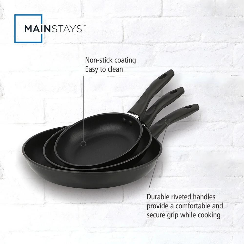 3-Piece Nonstick Skillet Set Aluminum Cookware Easy Clean Lightweight Durable Heat Evenly Dishwasher Safe Riveted Handle Kitchen