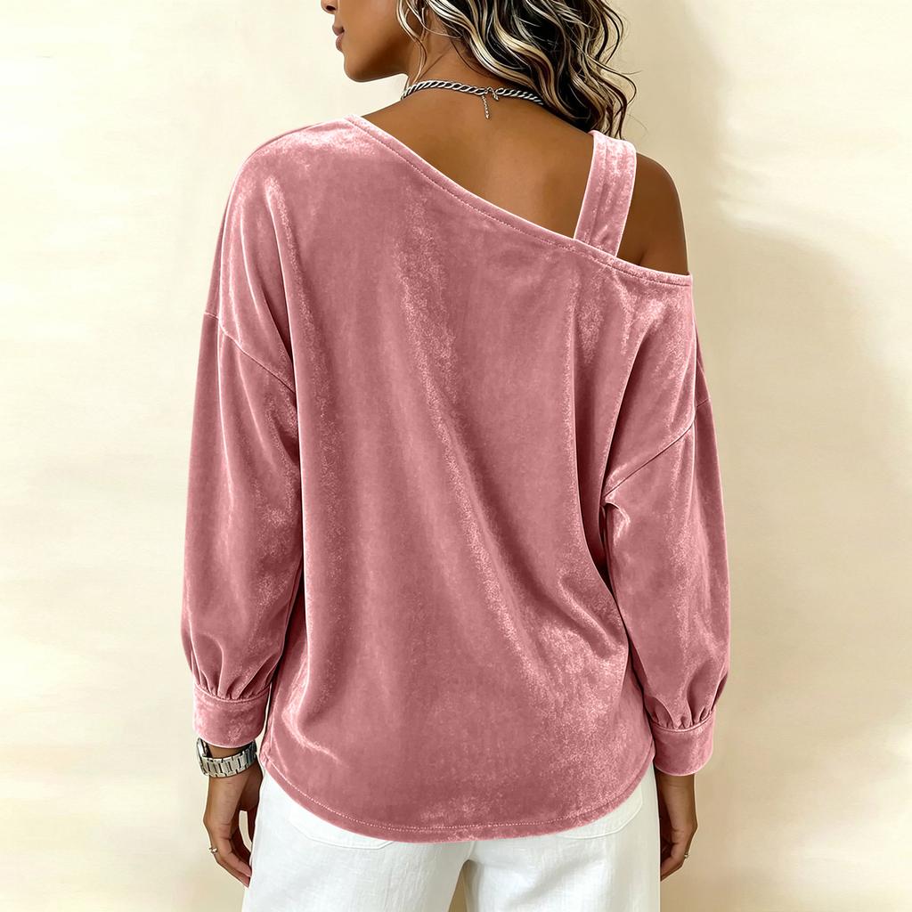 Women's Velvet Off Shoulder Top, Loose Fit Pullover Blouse, Asymmetric Neckline for Casual Everyday Wear