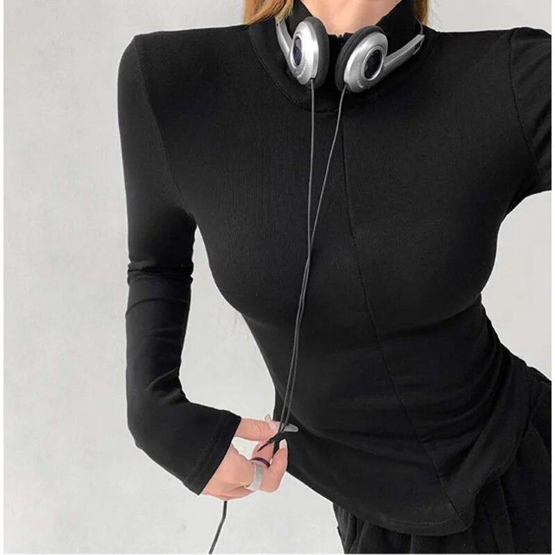 Elastic Tight Sexy Lapel Long Sleeve T-shirt Women Hottie Turndown Collar Slim Undershirt Inside Velveteen Sports Shirt Casual