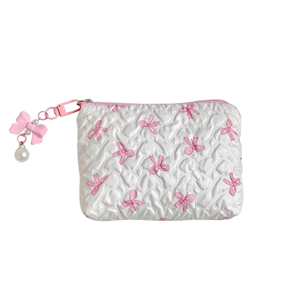 Bolsa pequeña de maquillaje con lazo estampado en rosa y negro para mujer, práctica minicaja para lápiz labial, neceser, bolsa para guardar toallas sanitarias.