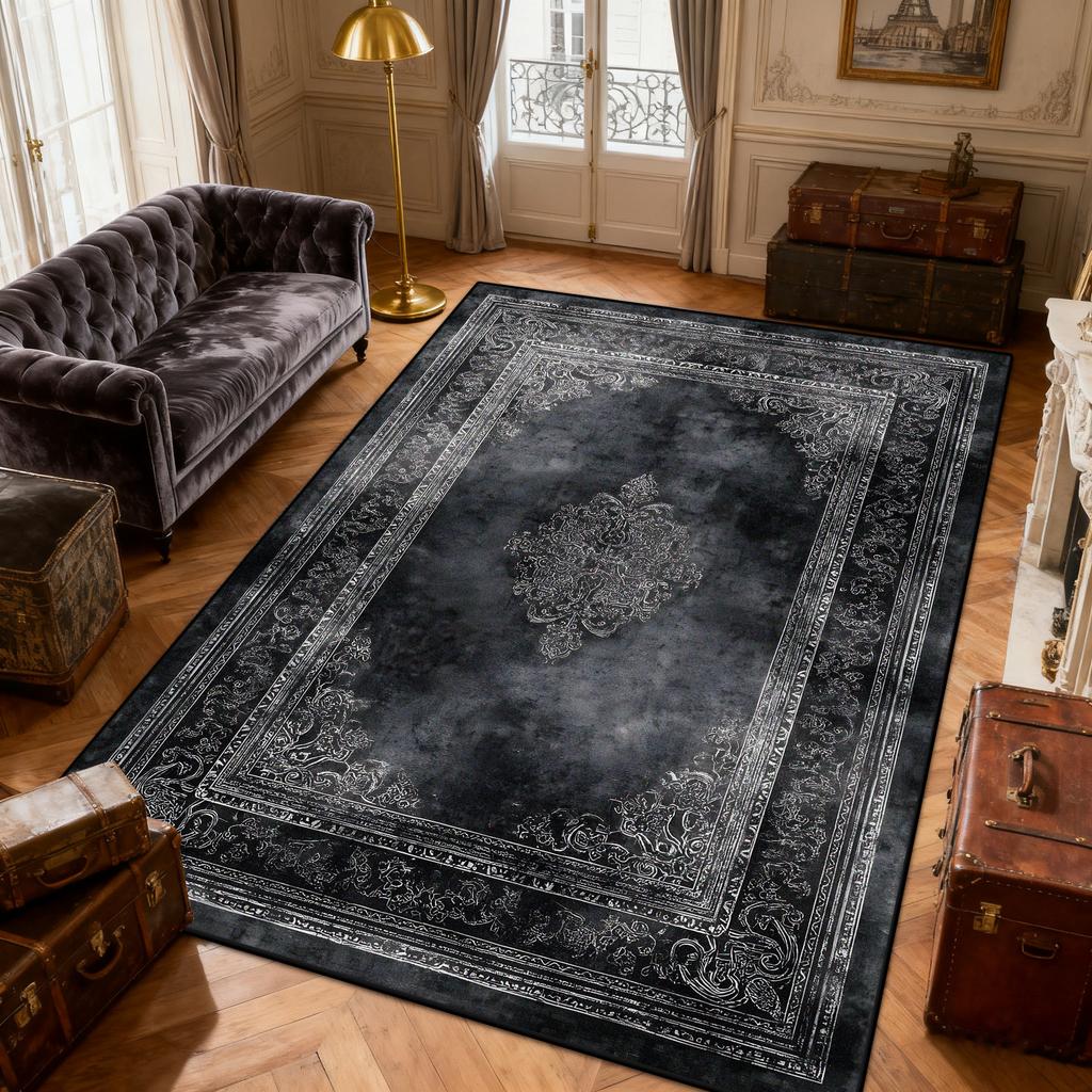 Alfombra Persa Oscura Retro Antideslizante para Sala de Estar Decoración del Hogar Alfombra de Lujo Mullida Fácil de Limpiar Terciopelo Corto Felpudo de Suelo para Mesita de Noche