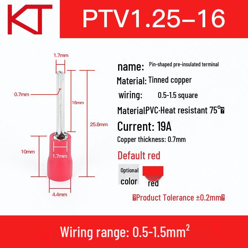 KT Keshitong PTV1.25 Copper Pin Type Pre-insulated Terminal Lug (10/12/13/16/18)