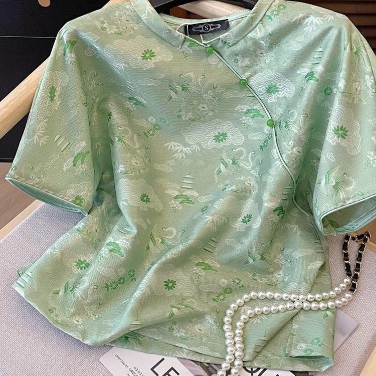 

Новая китайская рубашка, новая французская модная шикарная рубашка, топ, с коротким рукавом 2025 лето тонкая 3XL (recommended 138-75kg) зелёный