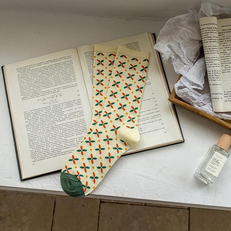 Women's Mid-calf Socks, All-season Styles, Cute, Stacked Socks, Trendy Diamond-shaped, Country-style Cartoon Socks