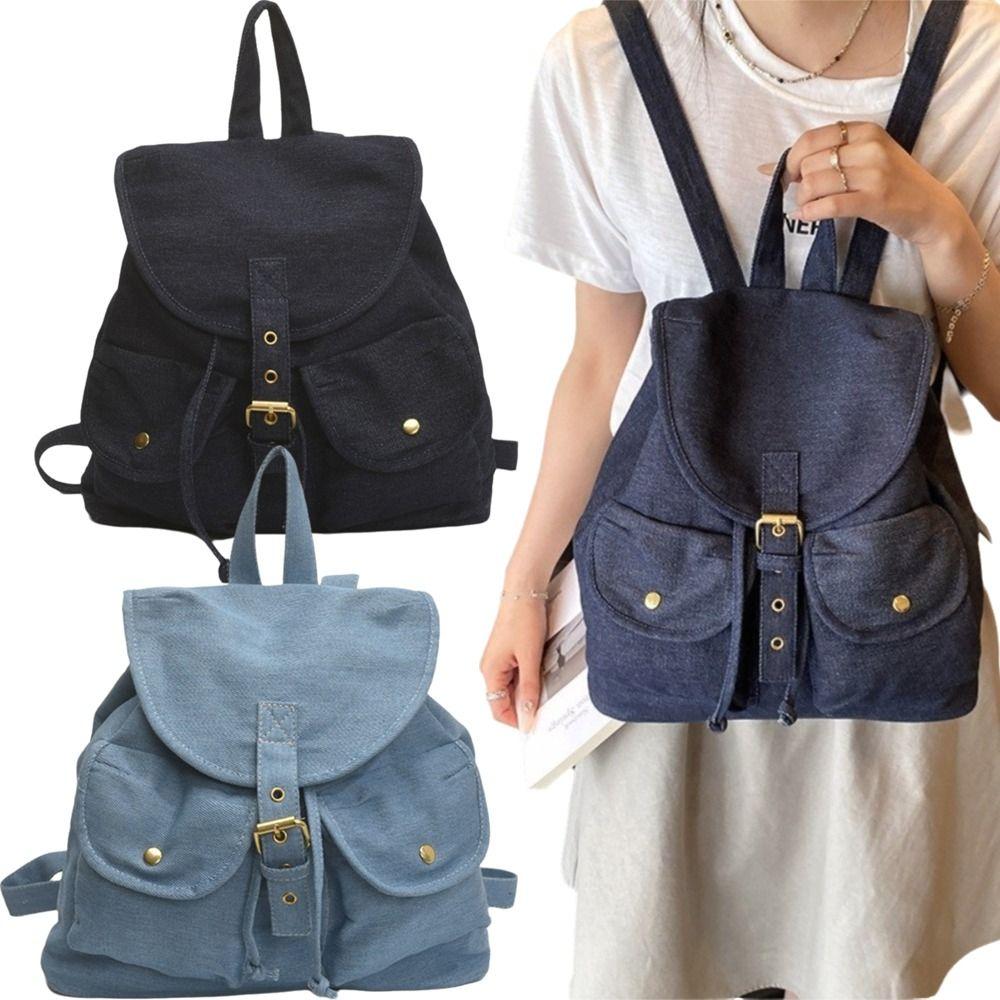 Washed Denim Retro Backpack Large Capacity Lace-up Drawstring School Bag Exposed Stitching Multi-pocket Commuting Bag Students