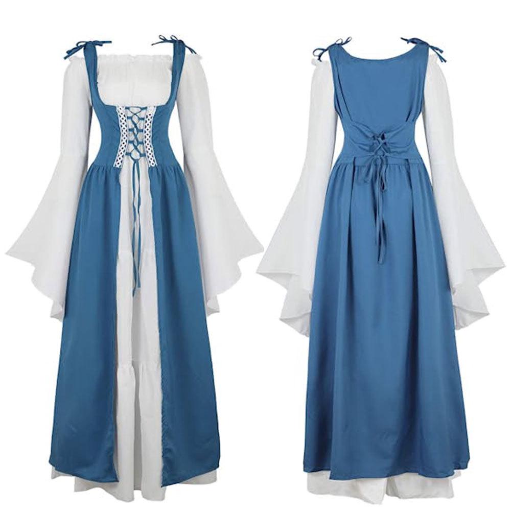 European and American Square Neck Tie-Up Waist Medieval Renaissance Vintage Dress Costume
