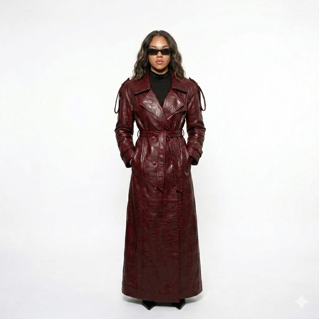 Burgundy Genuine Handmade Women s Stylish Real Lambskin Leather Trench Coat Fit S бордовый