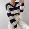 2024 Autumn/Winter V-neck Cable Knit Color Block Striped Sweater