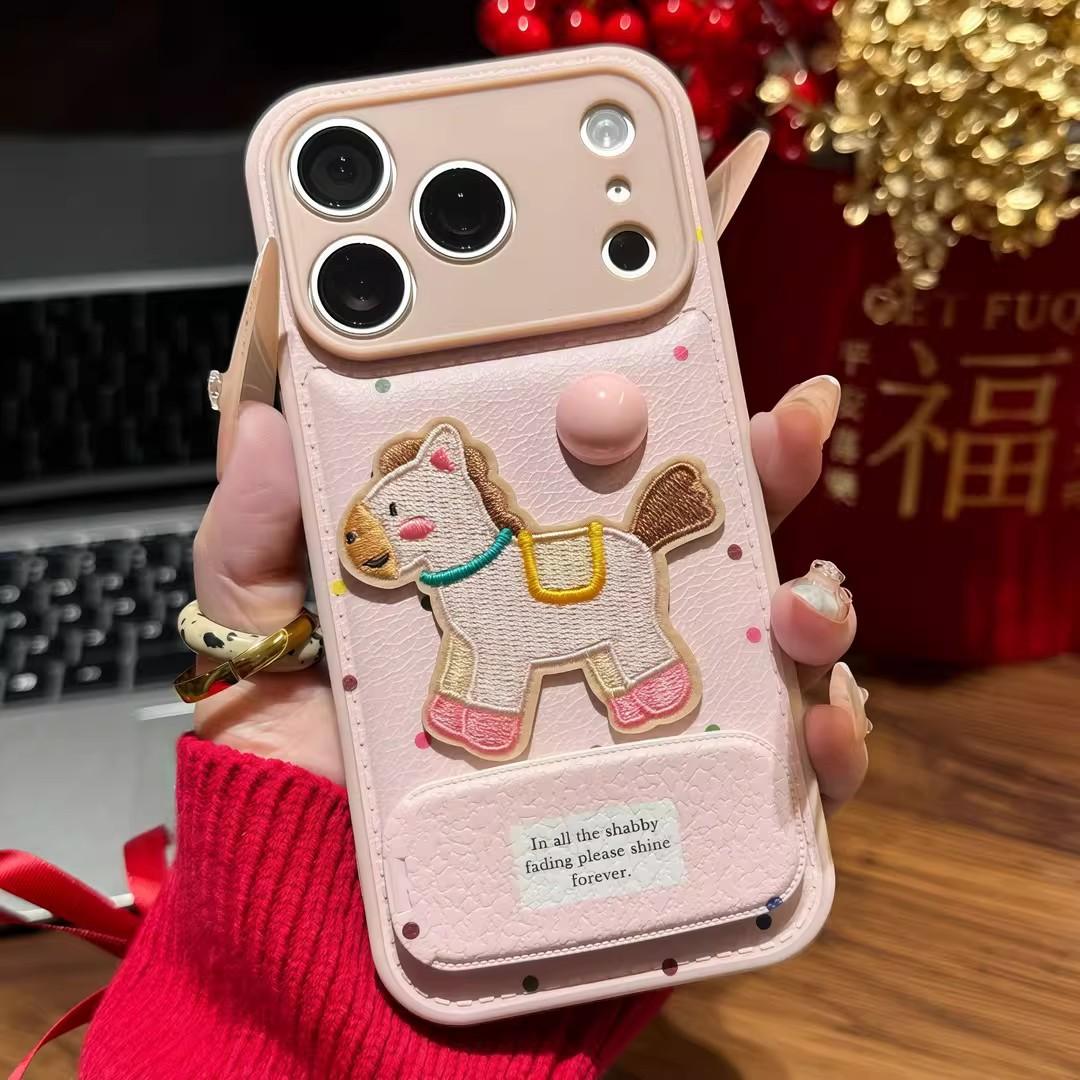 

Pink Polka Dot Leather Pattern Mobile Phone Case with Cute Pony Design Mirror Stand Compatible for iPhone 17promax 16pro 14plus 15 13 12 iPhone17 Pro Max
