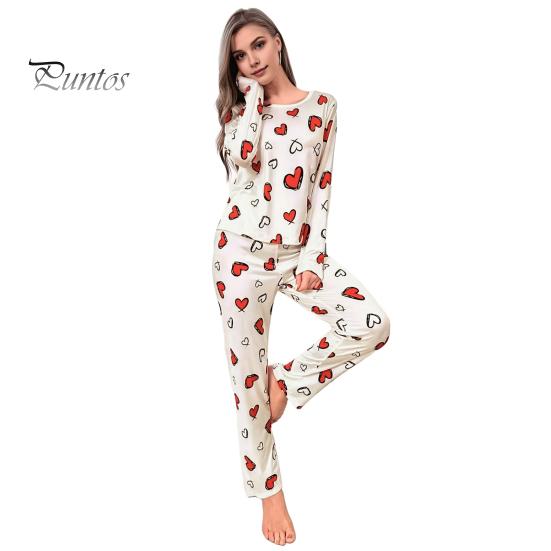

2 шт./комплект зимнее женское нижнее белье с принтом в виде сердца, круглый вырез, длинный рукав, высокая эластичность, осенне-весенняя пижама, комплект домашней одежды, одежда для сна L белый
