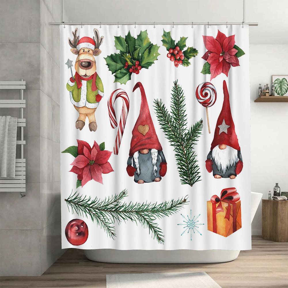 Watercolor Santa Claus Christmas Shower Curtain Decor Xmas Gnomes Poinsettia Floral Print Bathroom Liner for Home Decor 60 x 72”