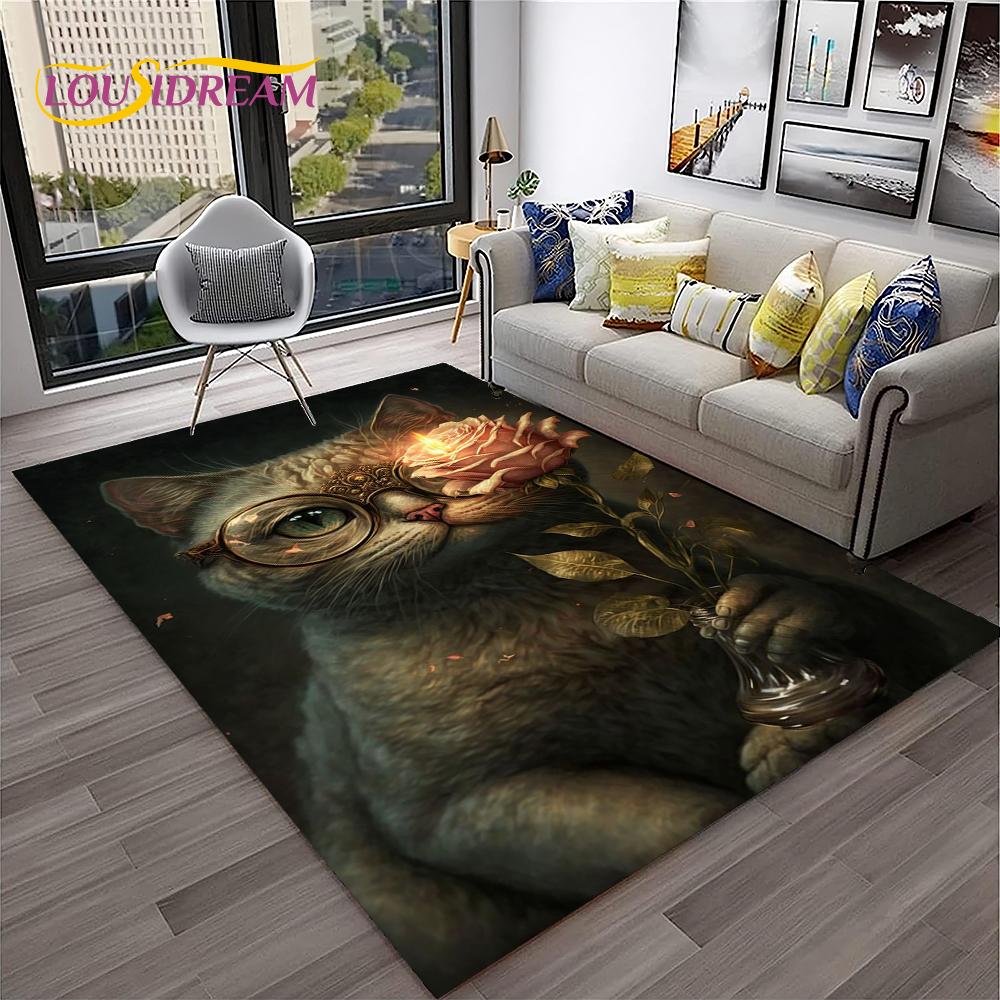 Covor de Cameră Drăguț cu Pisică și Flori Stil Desen Animat Pastoral pentru Casă Sufragerie Dormitor Canapea Preș de Intrare Decor, Covor pentru Joacă Copii Covor de Podea