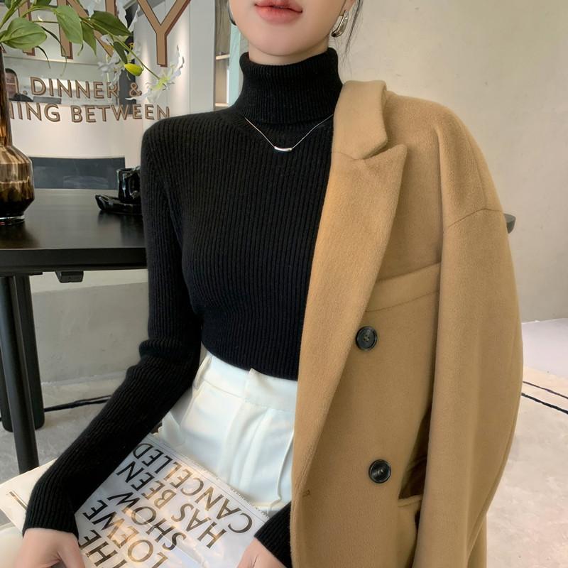 Podzimní a zimní svetr s vysokým límcem pro ženy, úzký pletený svetr s žebrovou vazbou, s těsným pulovrem uvnitř, všestranný hřejivý top s dlouhým rukávem