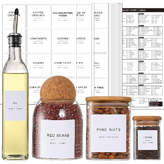 308 Kitchen Pantry Labels for Food Containers, 3 Sizes White Minimalist Labels for Organizing, Food Label for Jars, Storage Bins, Preprinted