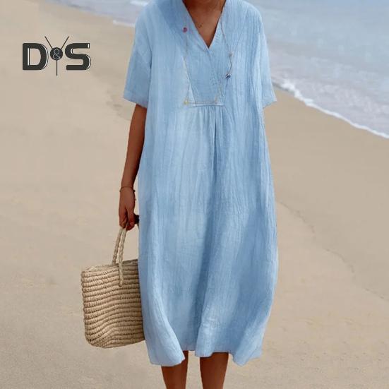 Summer Women Dress V Neck Short Sleeves A-line Solid Color Big Hem Loose Pullover Casual Daily Wear Midi Dress Dating Commuting Long Dress