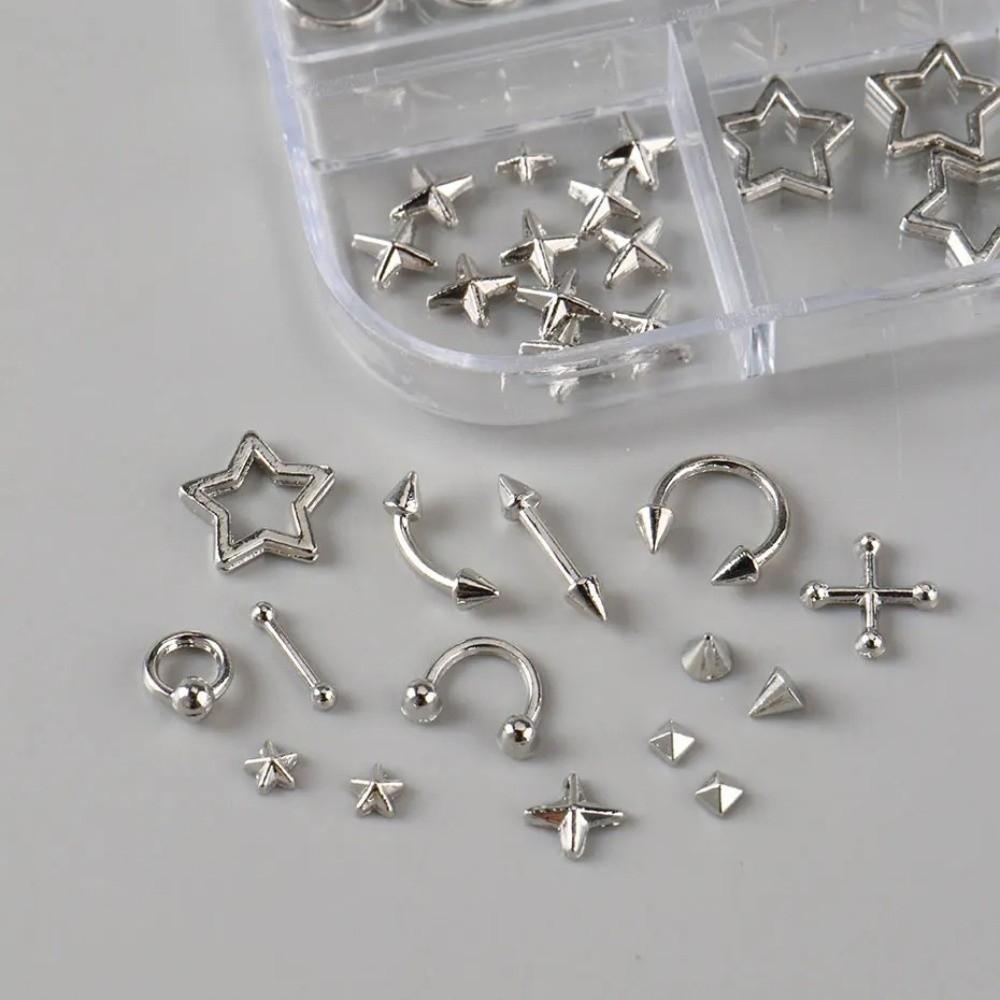 New 12 Grids Nail Charms Silvery Golden Alloy Nail Decor Y2K Self-Adhesive Manicure Accessories