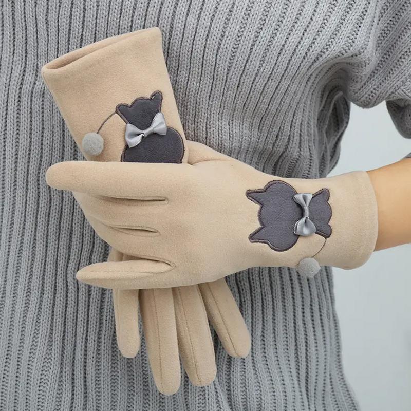 Women Touch Screen Outdoor Gloves Winter Fleece Riding Cat Embroidery Driving Elastic Gloves Warm One Size Fits All