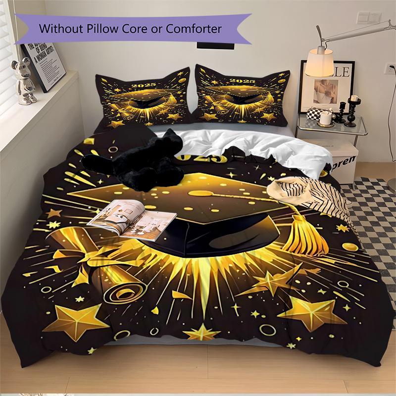 3pcs 2025 Graduation Cap & Scroll Decorative Set - Includes One Quilt Cover and Two Pillowcases (No Core) - Perfect for Home Décor, Festive Gifts, Pol