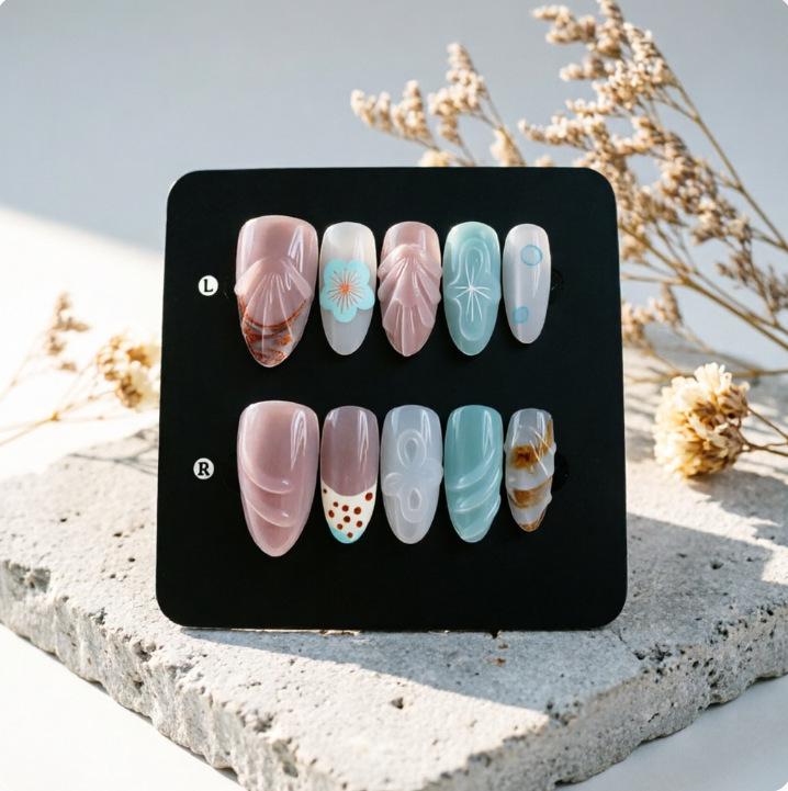 European Island Resort 3D Fishtail Flower Almond Nails - High-End Wearable Nail Art Tips