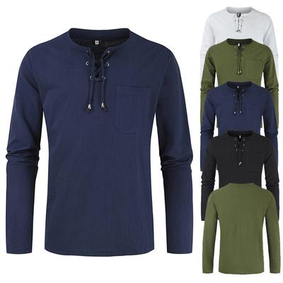 Mens Long Sleeve Cotton Linen Blouse Loose Henley V-Neck Tops T Shirts Blouse