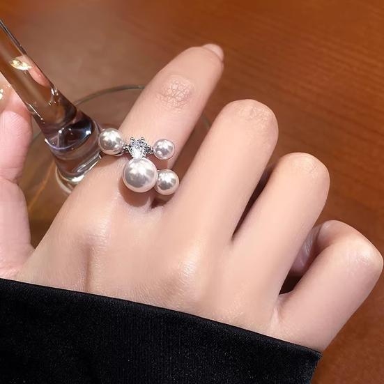 Women Ring French Style Adjustable Opening Finger Ring with Imitation Pearls Cubic Zirconia Design Jewelry Gift