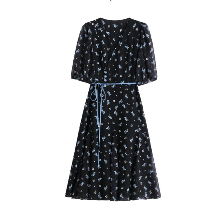 Women's floral dress summer new fashion temperament versatile V-neck printed medium and long skirt